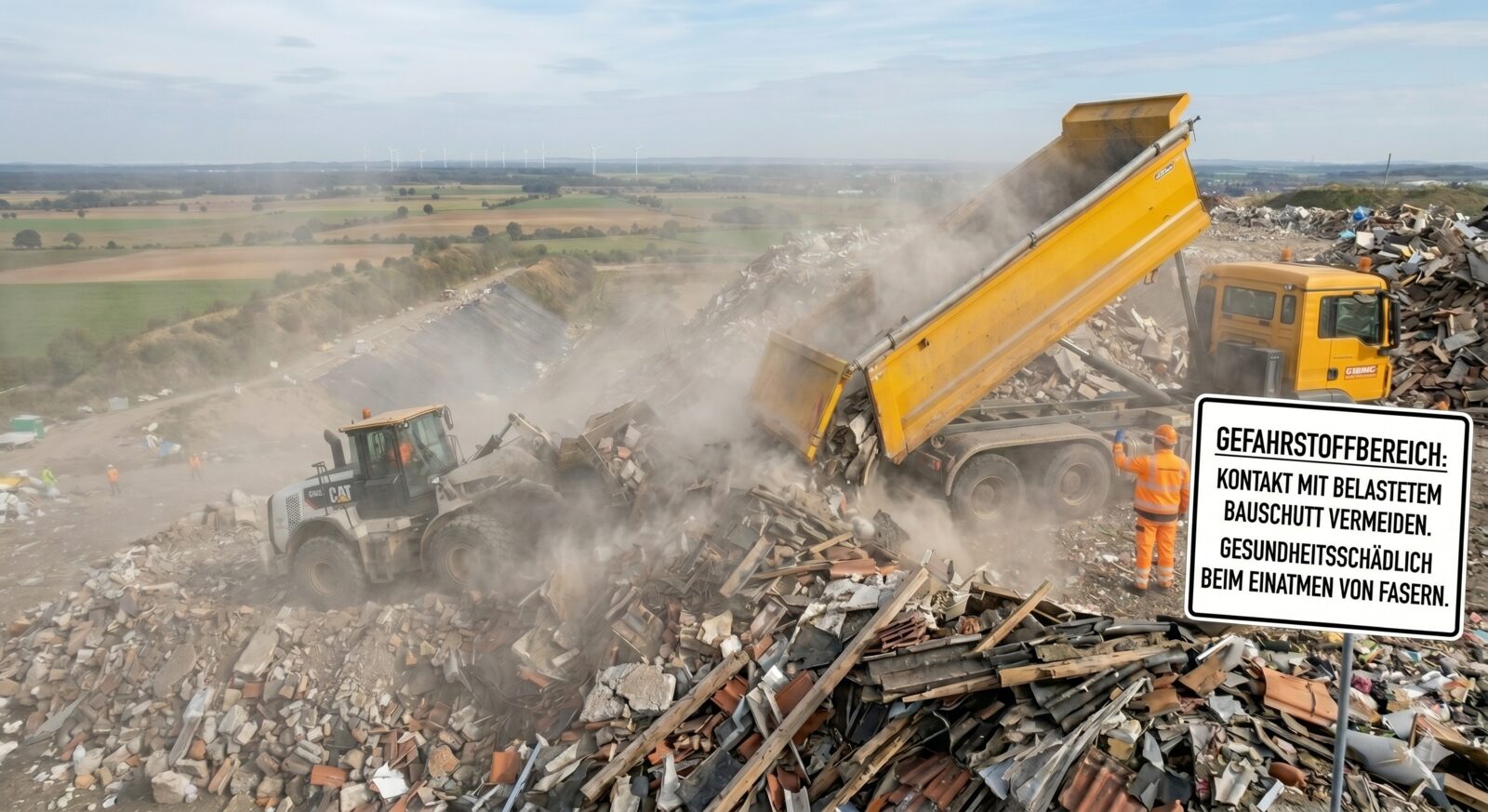Aufschüttung einer Bauschuttdeponie: ein gelber Kipper-LKW kippt Bauschutt ab, eine Staubwolke steigt auf, ein Radlader schiebt Material zurecht, ein Arbeiter in Warnkleidung steht am Rand. Eingeblendet ist ein Warnschild: „Gefahrstoffbereich – Kontakt mit belastetem Bauschutt vermeiden. Gesundheitsschädlich beim Einatmen von Fasern.